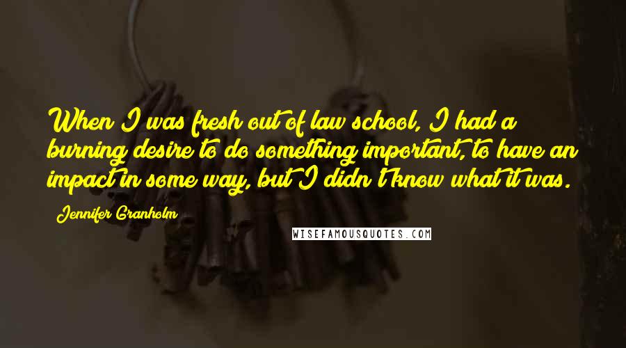 Jennifer Granholm Quotes: When I was fresh out of law school, I had a burning desire to do something important, to have an impact in some way, but I didn't know what it was.