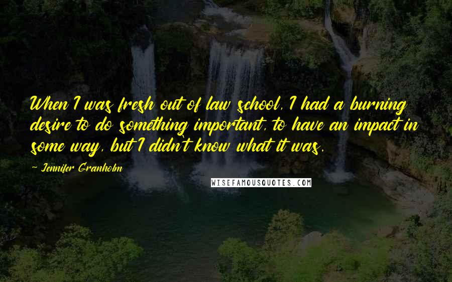 Jennifer Granholm Quotes: When I was fresh out of law school, I had a burning desire to do something important, to have an impact in some way, but I didn't know what it was.