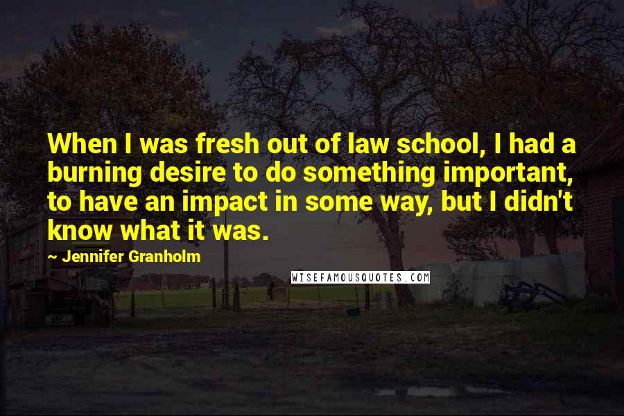 Jennifer Granholm Quotes: When I was fresh out of law school, I had a burning desire to do something important, to have an impact in some way, but I didn't know what it was.