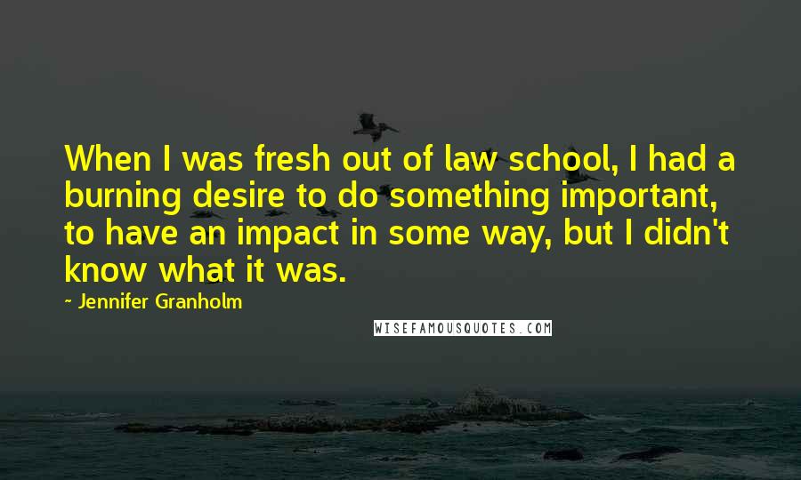 Jennifer Granholm Quotes: When I was fresh out of law school, I had a burning desire to do something important, to have an impact in some way, but I didn't know what it was.