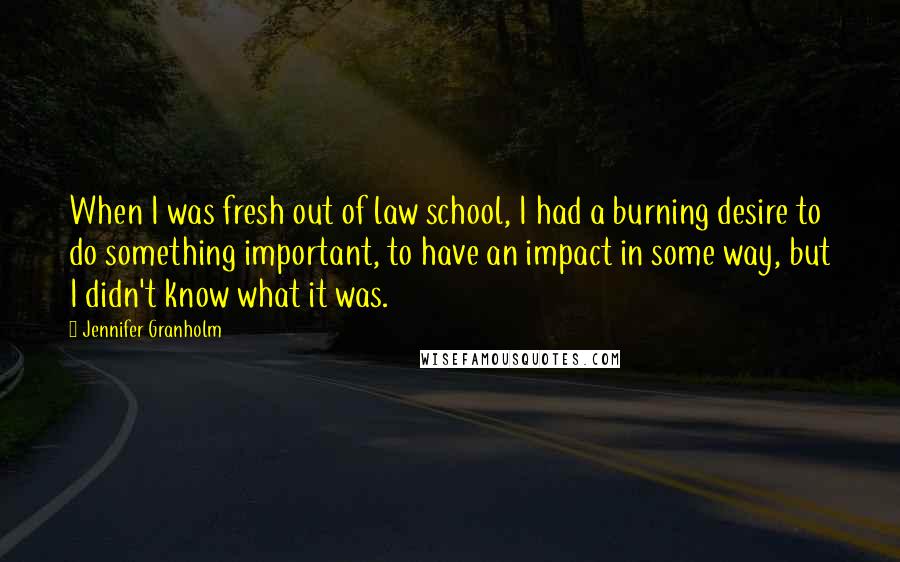 Jennifer Granholm Quotes: When I was fresh out of law school, I had a burning desire to do something important, to have an impact in some way, but I didn't know what it was.