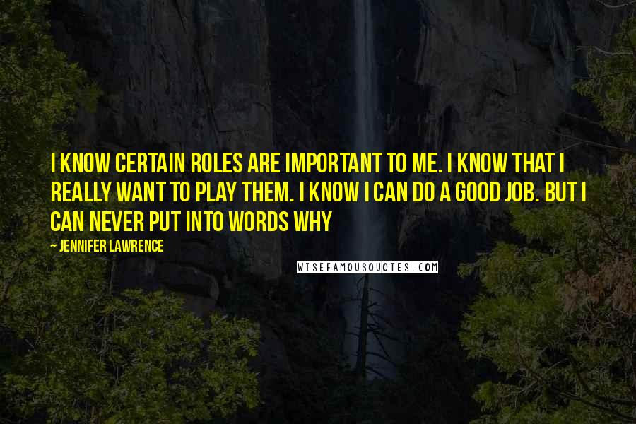 Jennifer Lawrence Quotes: I know certain roles are important to me. I know that I really want to play them. I know I can do a good job. But I can never put into words why