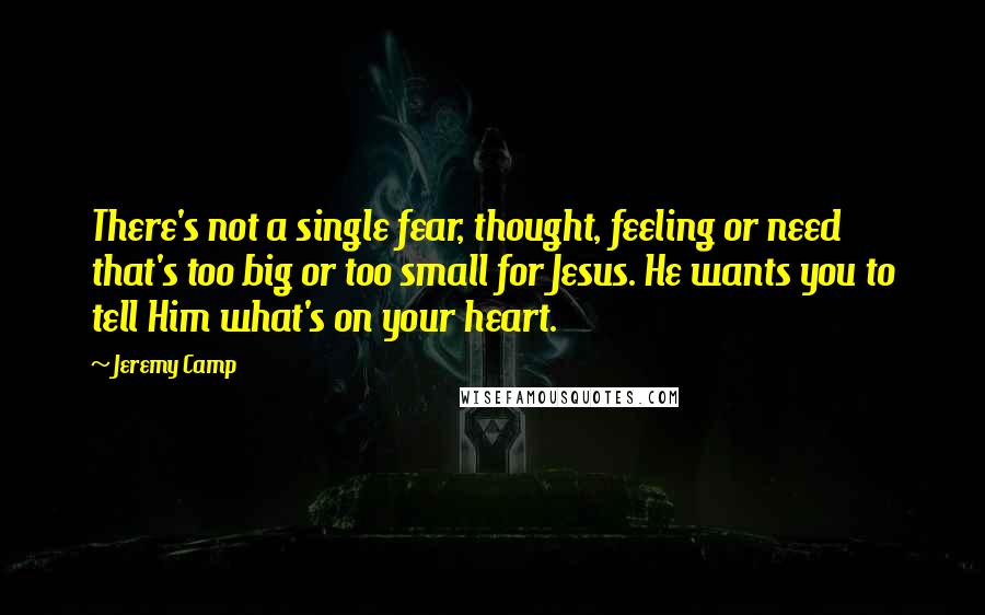 Jeremy Camp Quotes: There's not a single fear, thought, feeling or need that's too big or too small for Jesus. He wants you to tell Him what's on your heart.