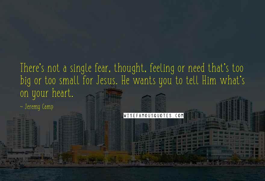 Jeremy Camp Quotes: There's not a single fear, thought, feeling or need that's too big or too small for Jesus. He wants you to tell Him what's on your heart.