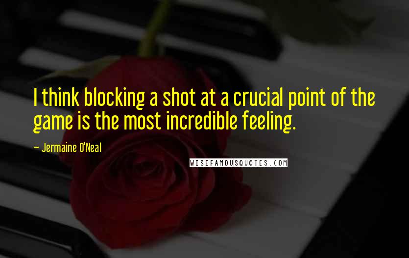 Jermaine O'Neal Quotes: I think blocking a shot at a crucial point of the game is the most incredible feeling.