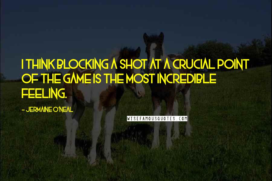 Jermaine O'Neal Quotes: I think blocking a shot at a crucial point of the game is the most incredible feeling.