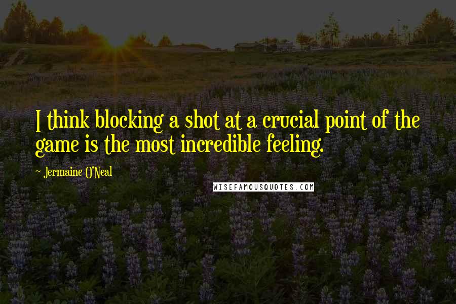 Jermaine O'Neal Quotes: I think blocking a shot at a crucial point of the game is the most incredible feeling.