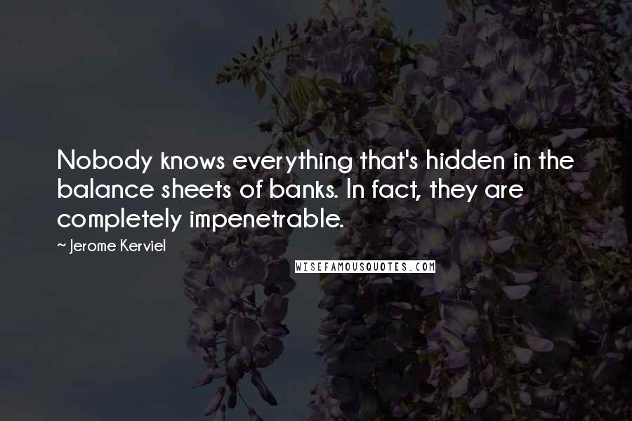 Jerome Kerviel Quotes: Nobody knows everything that's hidden in the balance sheets of banks. In fact, they are completely impenetrable.