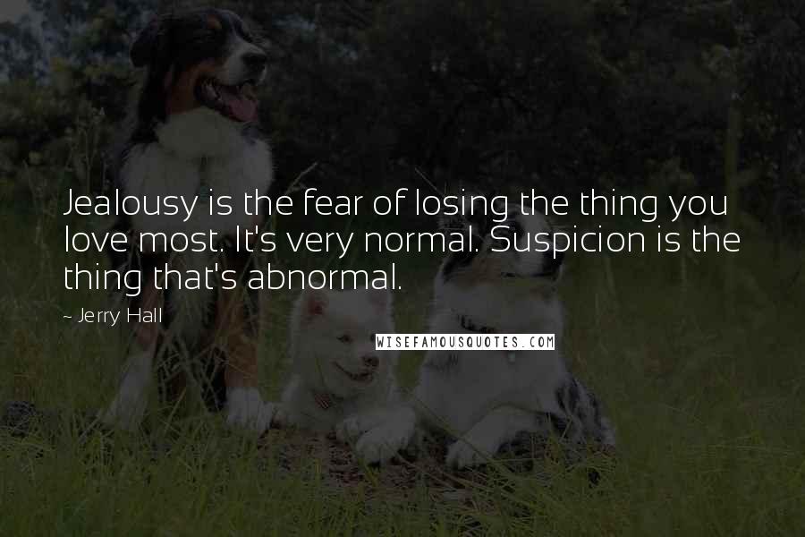 Jerry Hall Quotes: Jealousy is the fear of losing the thing you love most. It's very normal. Suspicion is the thing that's abnormal.