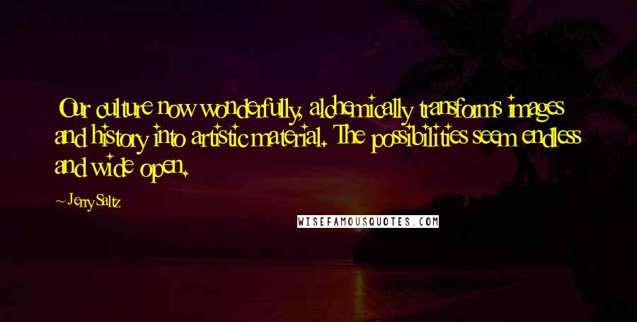 Jerry Saltz Quotes: Our culture now wonderfully, alchemically transforms images and history into artistic material. The possibilities seem endless and wide open.