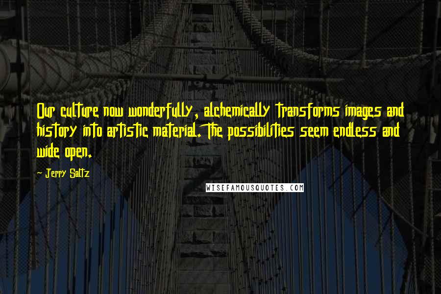 Jerry Saltz Quotes: Our culture now wonderfully, alchemically transforms images and history into artistic material. The possibilities seem endless and wide open.