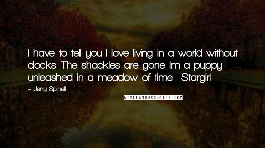 Jerry Spinelli Quotes: I have to tell you I love living in a world without clocks. The shackles are gone. I'm a puppy unleashed in a meadow of time.  Stargirl