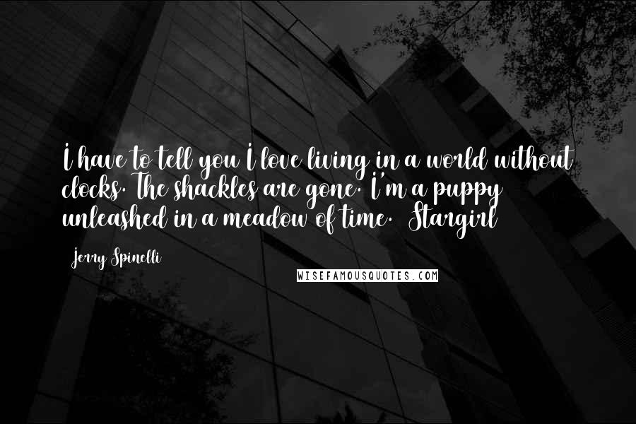 Jerry Spinelli Quotes: I have to tell you I love living in a world without clocks. The shackles are gone. I'm a puppy unleashed in a meadow of time.  Stargirl