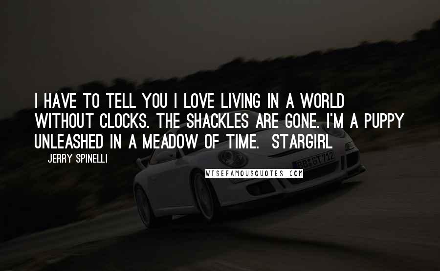 Jerry Spinelli Quotes: I have to tell you I love living in a world without clocks. The shackles are gone. I'm a puppy unleashed in a meadow of time.  Stargirl