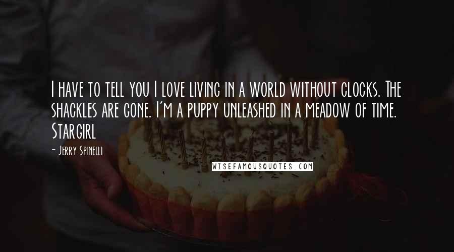 Jerry Spinelli Quotes: I have to tell you I love living in a world without clocks. The shackles are gone. I'm a puppy unleashed in a meadow of time.  Stargirl