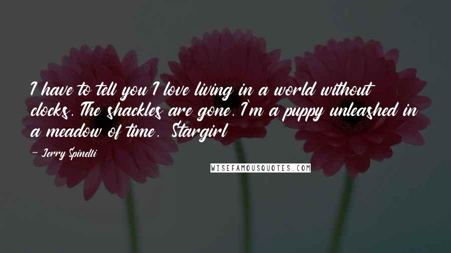 Jerry Spinelli Quotes: I have to tell you I love living in a world without clocks. The shackles are gone. I'm a puppy unleashed in a meadow of time.  Stargirl