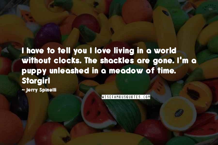 Jerry Spinelli Quotes: I have to tell you I love living in a world without clocks. The shackles are gone. I'm a puppy unleashed in a meadow of time.  Stargirl