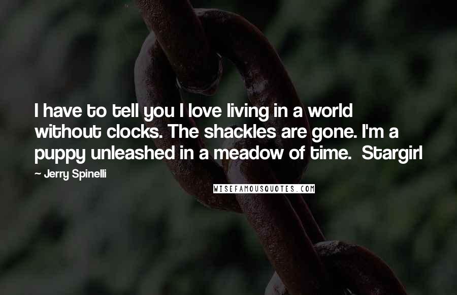 Jerry Spinelli Quotes: I have to tell you I love living in a world without clocks. The shackles are gone. I'm a puppy unleashed in a meadow of time.  Stargirl