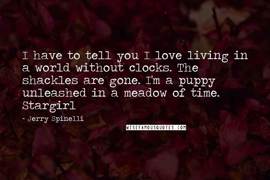 Jerry Spinelli Quotes: I have to tell you I love living in a world without clocks. The shackles are gone. I'm a puppy unleashed in a meadow of time.  Stargirl