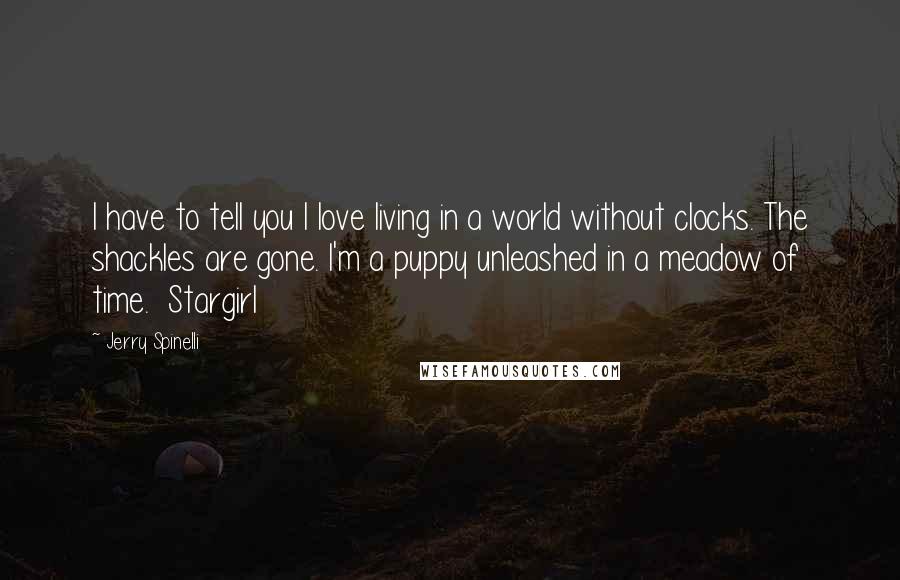 Jerry Spinelli Quotes: I have to tell you I love living in a world without clocks. The shackles are gone. I'm a puppy unleashed in a meadow of time.  Stargirl