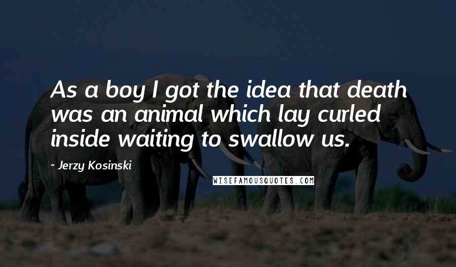 Jerzy Kosinski Quotes: As a boy I got the idea that death was an animal which lay curled inside waiting to swallow us.