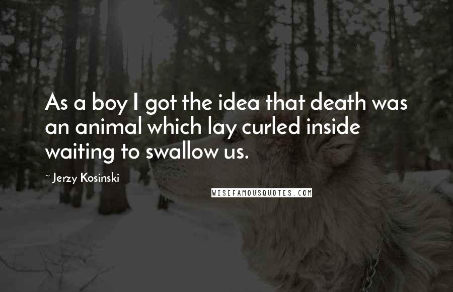 Jerzy Kosinski Quotes: As a boy I got the idea that death was an animal which lay curled inside waiting to swallow us.