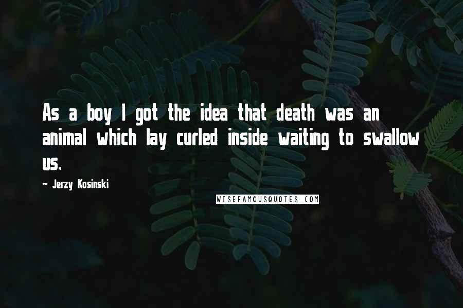 Jerzy Kosinski Quotes: As a boy I got the idea that death was an animal which lay curled inside waiting to swallow us.
