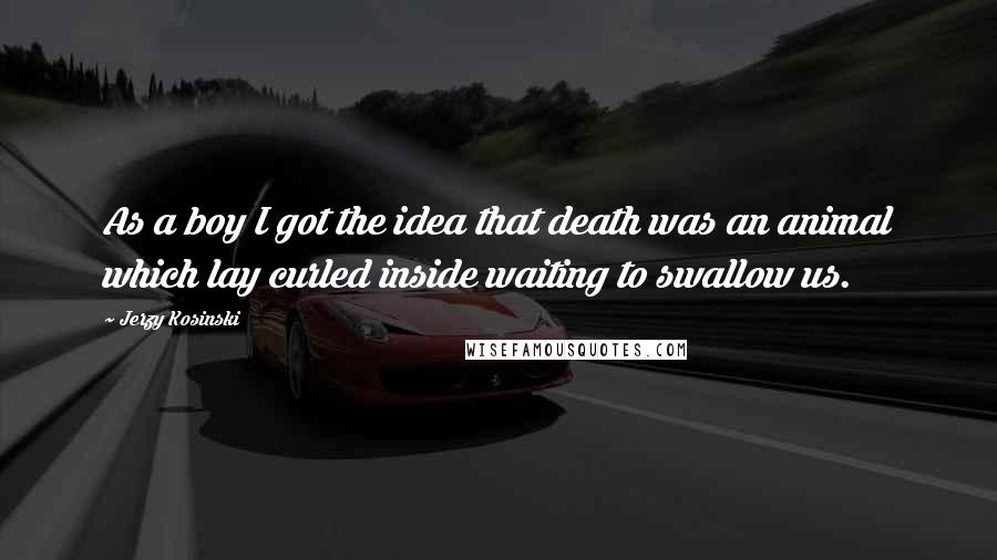 Jerzy Kosinski Quotes: As a boy I got the idea that death was an animal which lay curled inside waiting to swallow us.