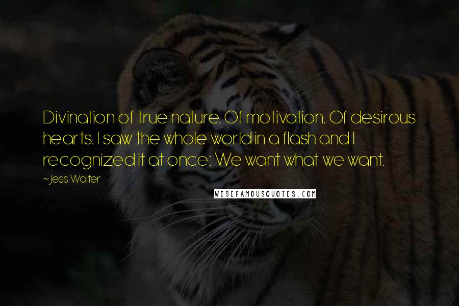 Jess Walter Quotes: Divination of true nature. Of motivation. Of desirous hearts. I saw the whole world in a flash and I recognized it at once: We want what we want.