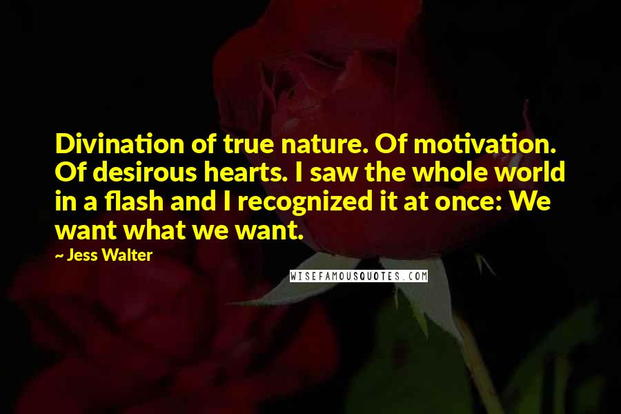 Jess Walter Quotes: Divination of true nature. Of motivation. Of desirous hearts. I saw the whole world in a flash and I recognized it at once: We want what we want.