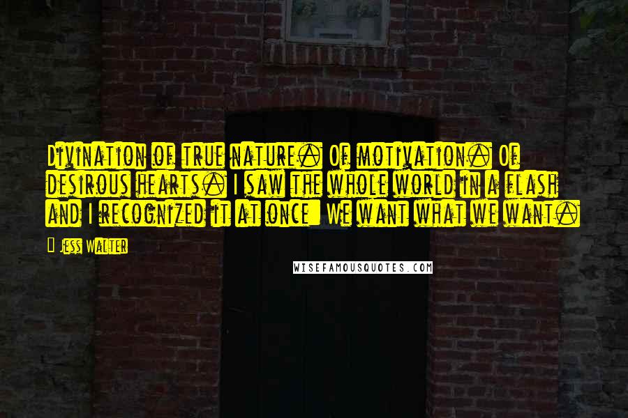 Jess Walter Quotes: Divination of true nature. Of motivation. Of desirous hearts. I saw the whole world in a flash and I recognized it at once: We want what we want.