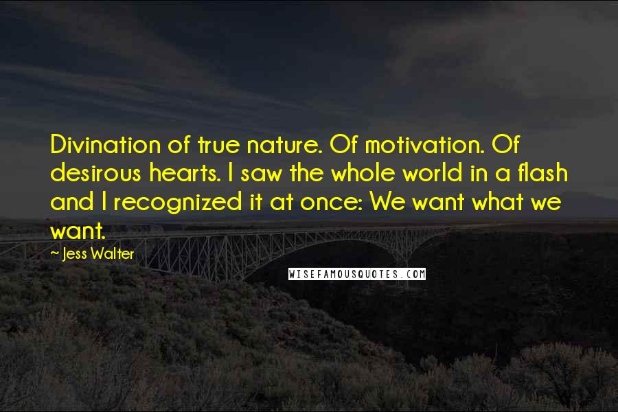 Jess Walter Quotes: Divination of true nature. Of motivation. Of desirous hearts. I saw the whole world in a flash and I recognized it at once: We want what we want.