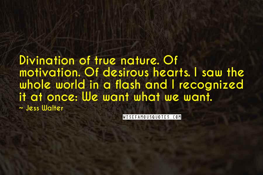 Jess Walter Quotes: Divination of true nature. Of motivation. Of desirous hearts. I saw the whole world in a flash and I recognized it at once: We want what we want.