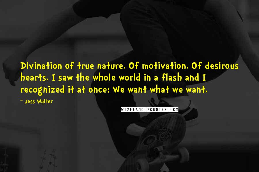 Jess Walter Quotes: Divination of true nature. Of motivation. Of desirous hearts. I saw the whole world in a flash and I recognized it at once: We want what we want.