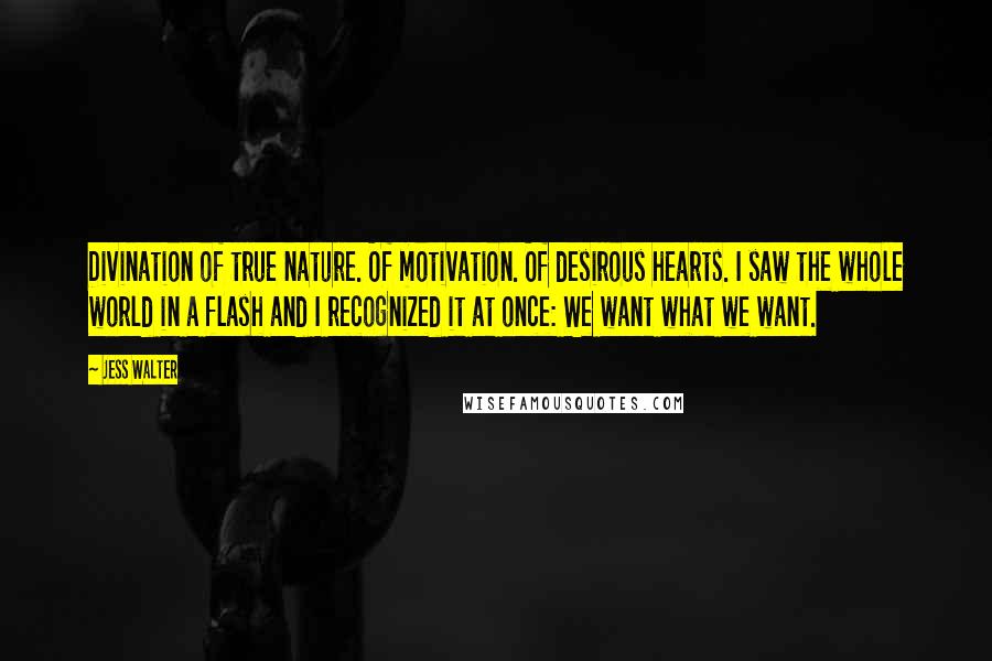 Jess Walter Quotes: Divination of true nature. Of motivation. Of desirous hearts. I saw the whole world in a flash and I recognized it at once: We want what we want.