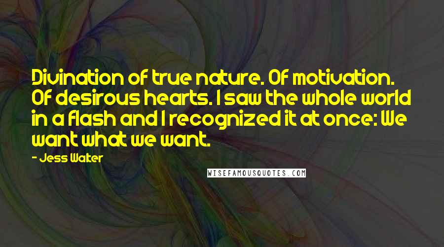 Jess Walter Quotes: Divination of true nature. Of motivation. Of desirous hearts. I saw the whole world in a flash and I recognized it at once: We want what we want.