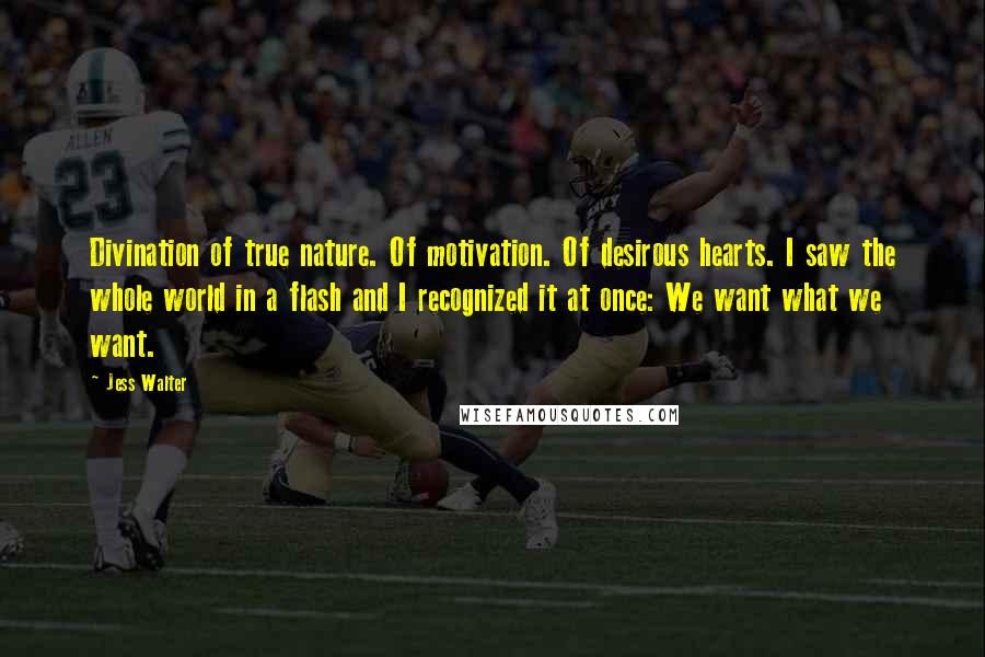 Jess Walter Quotes: Divination of true nature. Of motivation. Of desirous hearts. I saw the whole world in a flash and I recognized it at once: We want what we want.