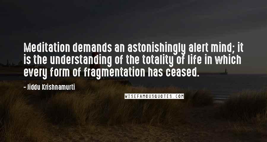 Jiddu Krishnamurti Quotes: Meditation demands an astonishingly alert mind; it is the understanding of the totality of life in which every form of fragmentation has ceased.