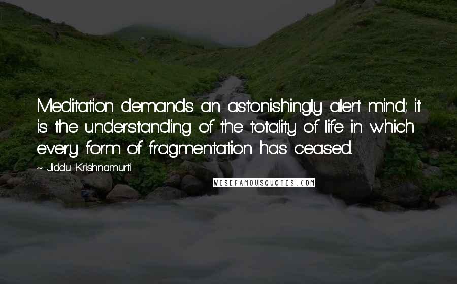 Jiddu Krishnamurti Quotes: Meditation demands an astonishingly alert mind; it is the understanding of the totality of life in which every form of fragmentation has ceased.