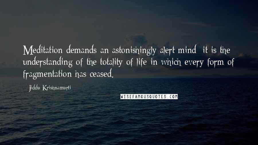 Jiddu Krishnamurti Quotes: Meditation demands an astonishingly alert mind; it is the understanding of the totality of life in which every form of fragmentation has ceased.