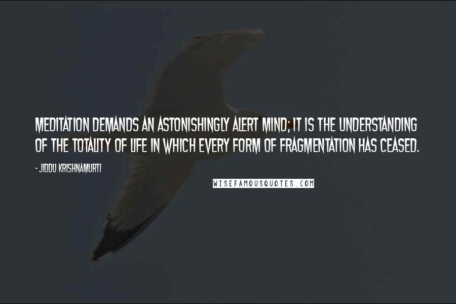 Jiddu Krishnamurti Quotes: Meditation demands an astonishingly alert mind; it is the understanding of the totality of life in which every form of fragmentation has ceased.