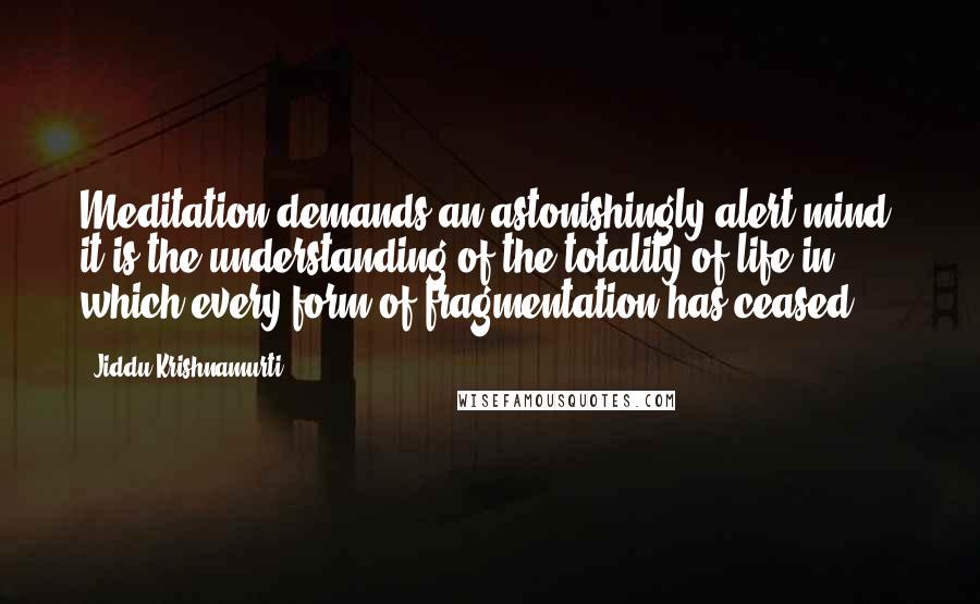 Jiddu Krishnamurti Quotes: Meditation demands an astonishingly alert mind; it is the understanding of the totality of life in which every form of fragmentation has ceased.