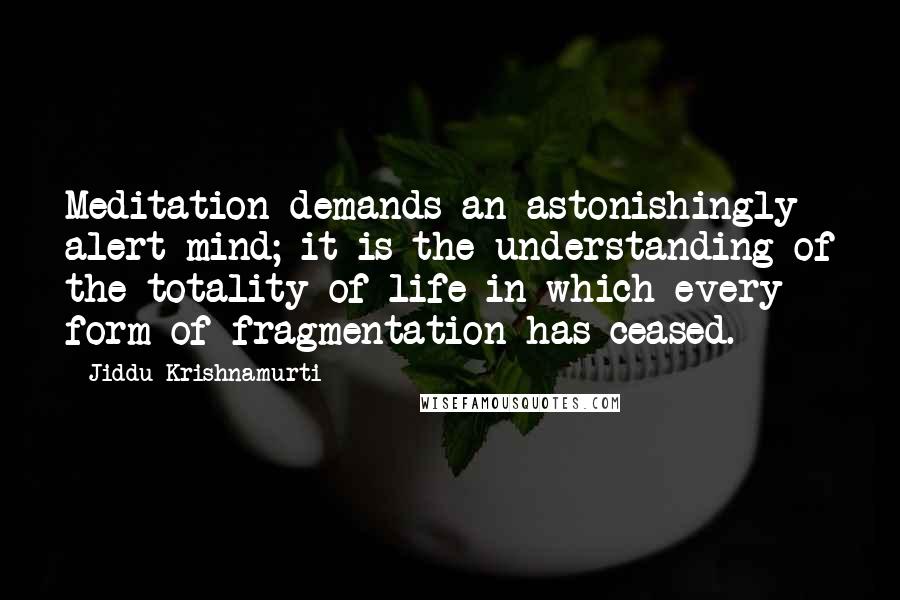 Jiddu Krishnamurti Quotes: Meditation demands an astonishingly alert mind; it is the understanding of the totality of life in which every form of fragmentation has ceased.