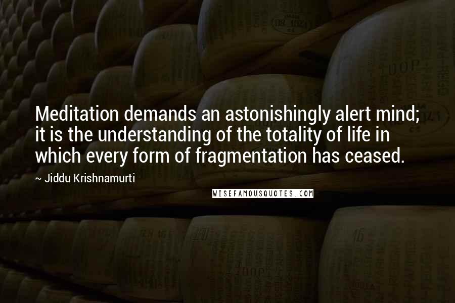 Jiddu Krishnamurti Quotes: Meditation demands an astonishingly alert mind; it is the understanding of the totality of life in which every form of fragmentation has ceased.