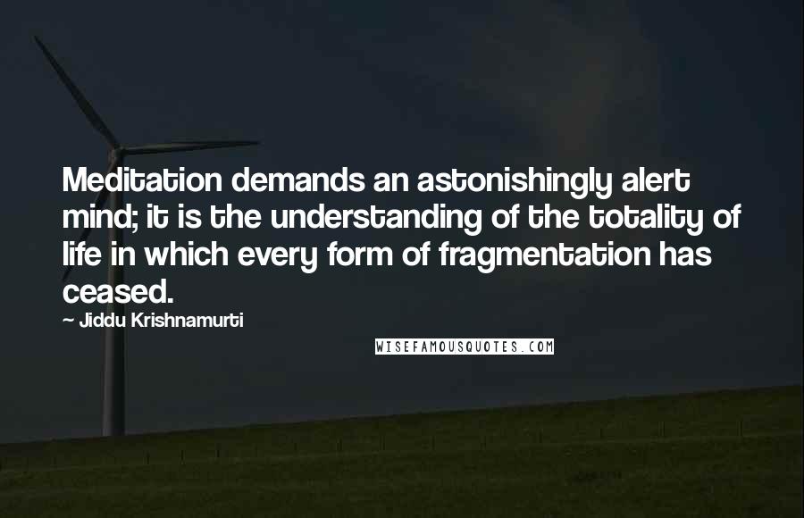 Jiddu Krishnamurti Quotes: Meditation demands an astonishingly alert mind; it is the understanding of the totality of life in which every form of fragmentation has ceased.