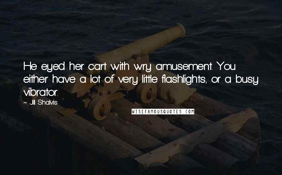 Jill Shalvis Quotes: He eyed her cart with wry amusement. You either have a lot of very little flashlights, or a busy vibrator.