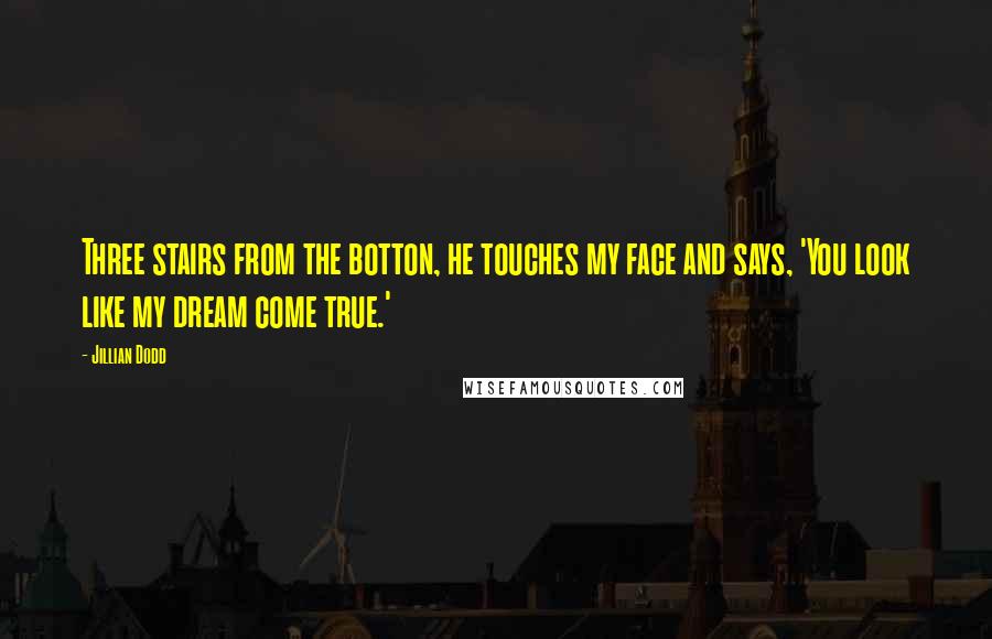 Jillian Dodd Quotes: Three stairs from the botton, he touches my face and says, 'You look like my dream come true.'