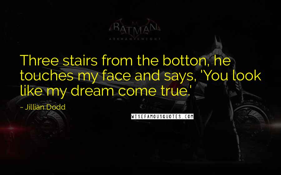 Jillian Dodd Quotes: Three stairs from the botton, he touches my face and says, 'You look like my dream come true.'