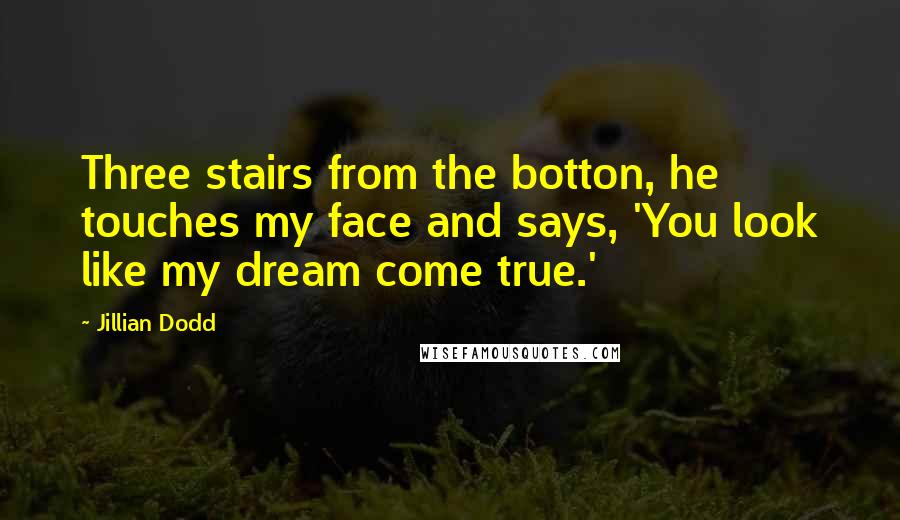 Jillian Dodd Quotes: Three stairs from the botton, he touches my face and says, 'You look like my dream come true.'