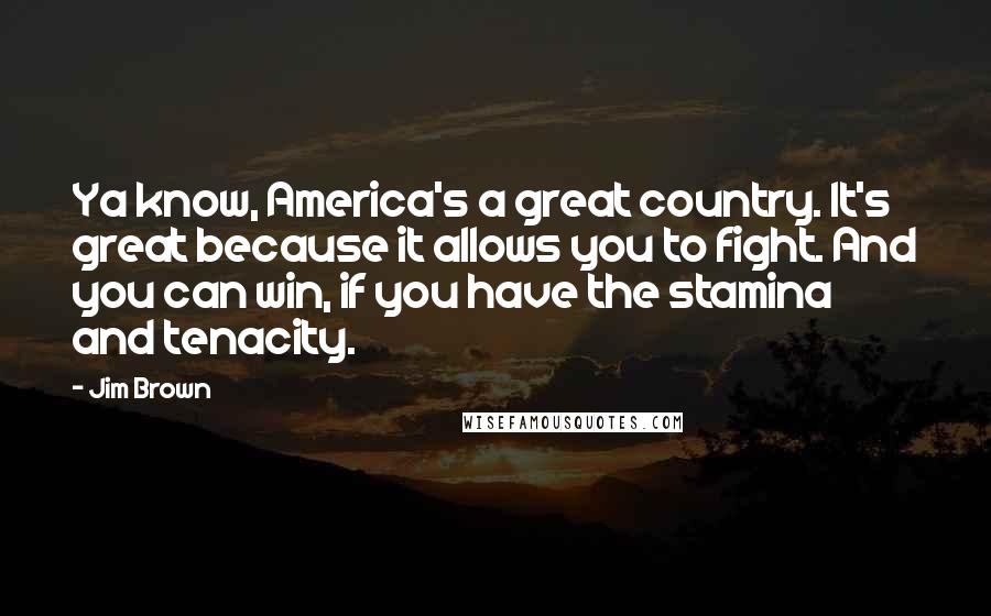 Jim Brown Quotes: Ya know, America's a great country. It's great because it allows you to fight. And you can win, if you have the stamina and tenacity.